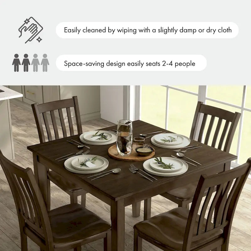 Ensemble de salle à manger 5 pièces - Table carrée de 91 cm, 4 chaises à dossier à lattes, bois massif, placage de bouleau, capacité de charge des chaises : 113 kg, expresso/gris/noyer