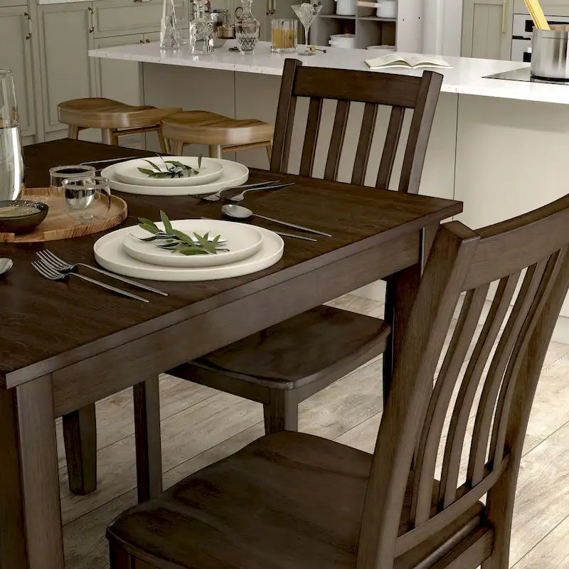 Ensemble de salle à manger 5 pièces - Table carrée de 91 cm, 4 chaises à dossier à lattes, bois massif, placage de bouleau, capacité de charge des chaises : 113 kg, expresso/gris/noyer