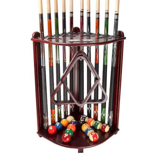 Râtelier d'angle pour 10 queues de billard - Bois massif, support de sol avec compteur de points, 4 porte-gobelets, rangement pour boules, sans outils