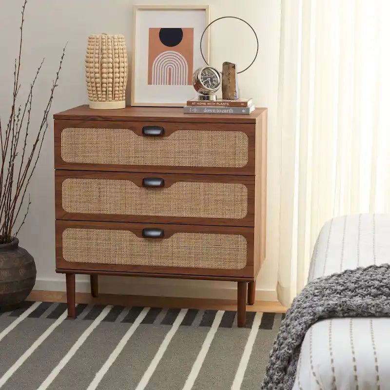 Commode à 3 tiroirs avec panneaux en rotin tressé et poignées en métal - Meuble de rangement pour chambre à coucher en placage texturé