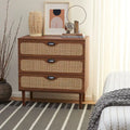 Commode à 3 tiroirs avec panneaux en rotin tressé et poignées en métal - Meuble de rangement pour chambre à coucher en placage texturé