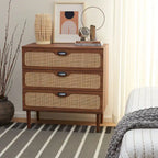 Commode à 3 tiroirs avec panneaux en rotin tressé et poignées en métal - Meuble de rangement pour chambre à coucher en placage texturé