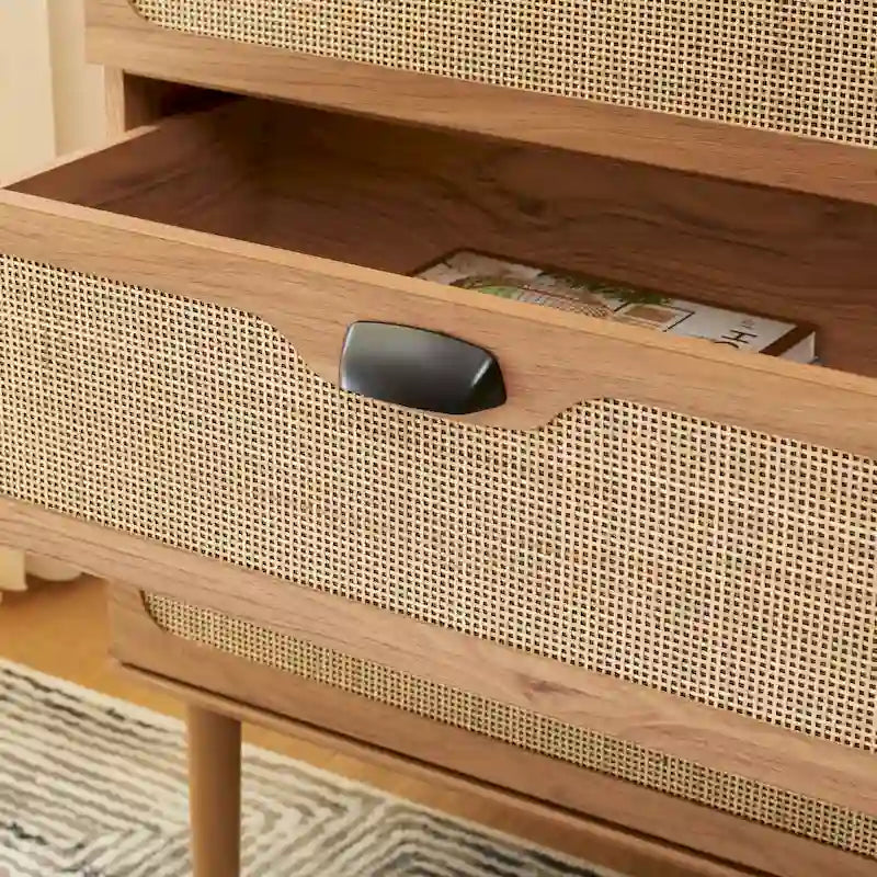 Commode à 3 tiroirs avec panneaux en rotin tressé et poignées en métal - Meuble de rangement pour chambre à coucher en placage texturé
