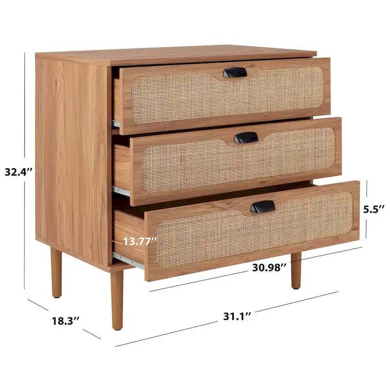 Commode à 3 tiroirs avec panneaux en rotin tressé et poignées en métal - Meuble de rangement pour chambre à coucher en placage texturé