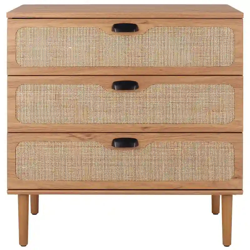 Commode à 3 tiroirs avec panneaux en rotin tressé et poignées en métal - Meuble de rangement pour chambre à coucher en placage texturé