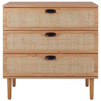 Commode à 3 tiroirs avec panneaux en rotin tressé et poignées en métal - Meuble de rangement pour chambre à coucher en placage texturé