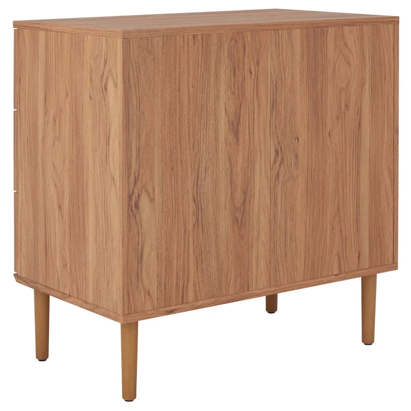 Commode à 3 tiroirs avec panneaux en rotin tressé et poignées en métal - Meuble de rangement pour chambre à coucher en placage texturé