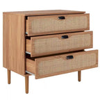 Commode à 3 tiroirs avec panneaux en rotin tressé et poignées en métal - Meuble de rangement pour chambre à coucher en placage texturé