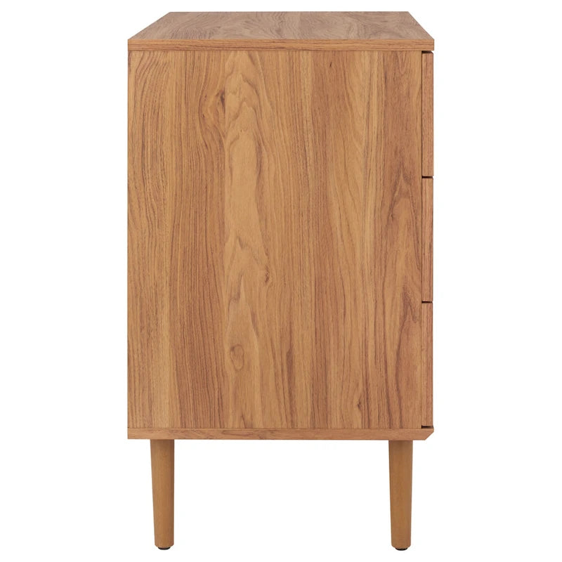 Commode à 3 tiroirs avec panneaux en rotin tressé et poignées en métal - Meuble de rangement pour chambre à coucher en placage texturé