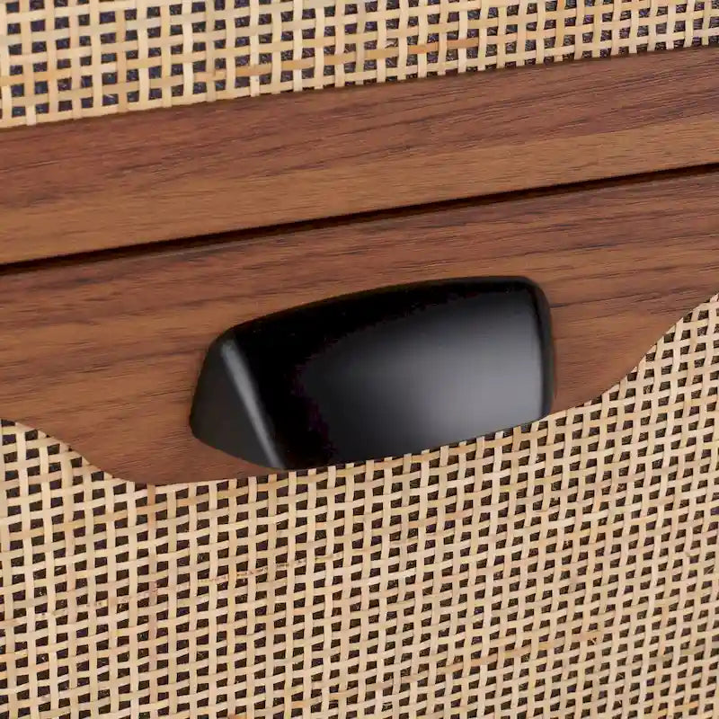 Commode à 3 tiroirs avec panneaux en rotin tressé et poignées en métal - Meuble de rangement pour chambre à coucher en placage texturé