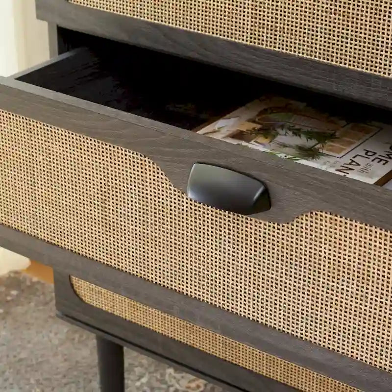 Commode à 3 tiroirs avec panneaux en rotin tressé et poignées en métal - Meuble de rangement pour chambre à coucher en placage texturé