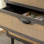 Commode à 3 tiroirs avec panneaux en rotin tressé et poignées en métal - Meuble de rangement pour chambre à coucher en placage texturé