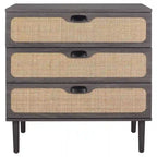 Commode à 3 tiroirs avec panneaux en rotin tressé et poignées en métal - Meuble de rangement pour chambre à coucher en placage texturé
