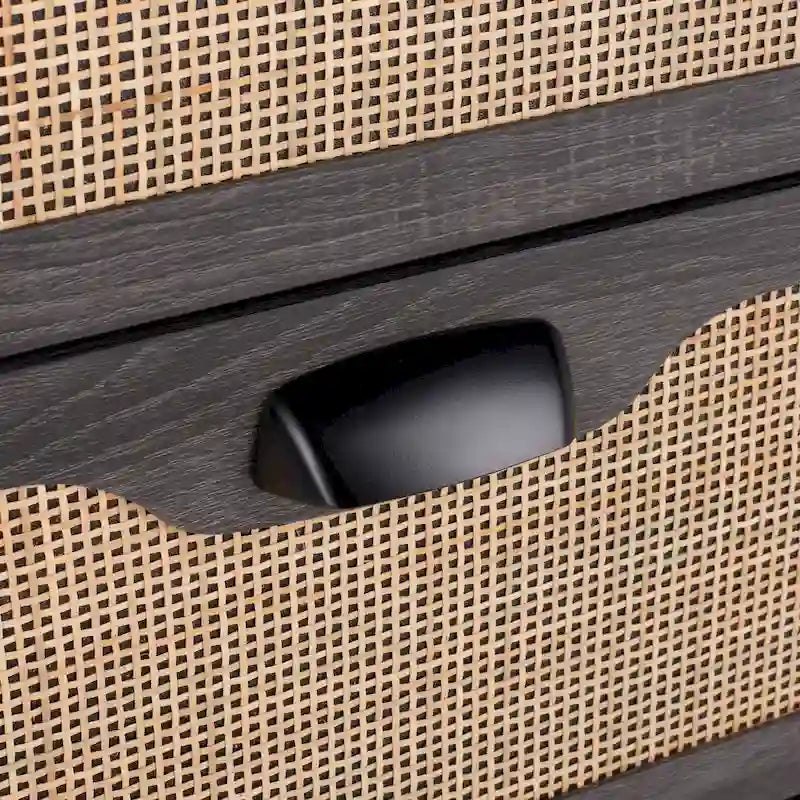 Commode à 3 tiroirs avec panneaux en rotin tressé et poignées en métal - Meuble de rangement pour chambre à coucher en placage texturé