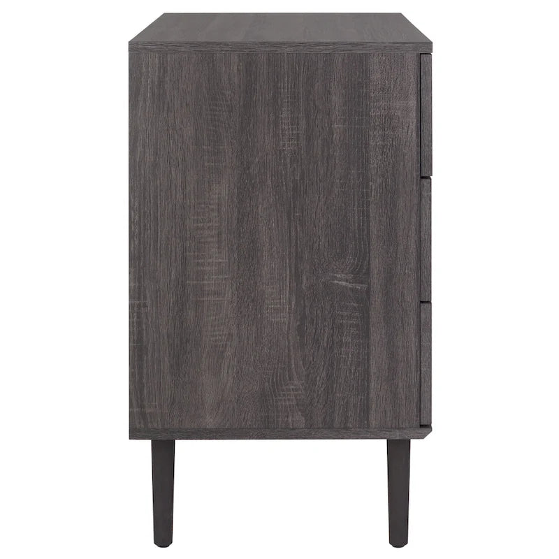 Commode à 3 tiroirs avec panneaux en rotin tressé et poignées en métal - Meuble de rangement pour chambre à coucher en placage texturé