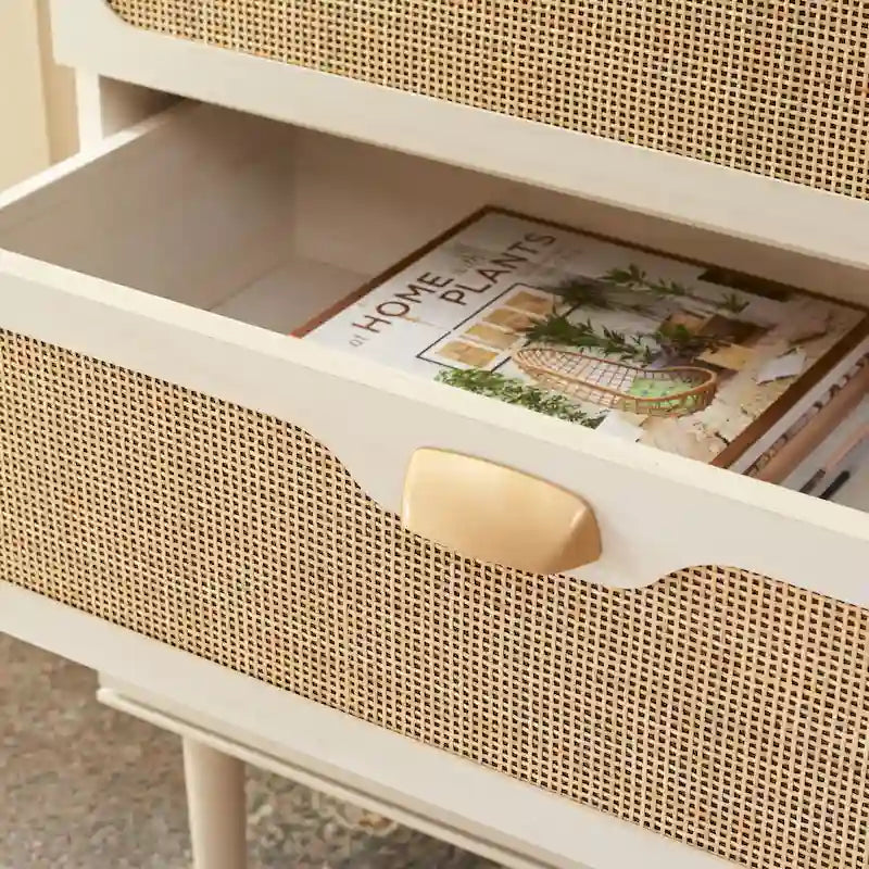 Commode à 3 tiroirs avec panneaux en rotin tressé et poignées en métal - Meuble de rangement pour chambre à coucher en placage texturé