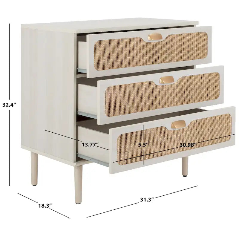 Commode à 3 tiroirs avec panneaux en rotin tressé et poignées en métal - Meuble de rangement pour chambre à coucher en placage texturé