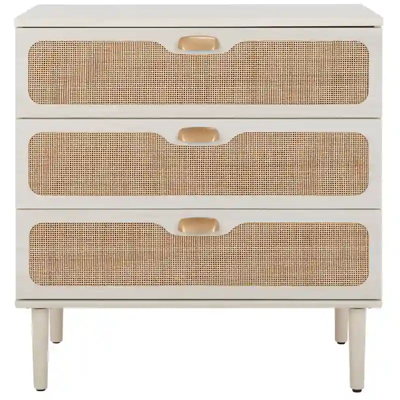 Commode à 3 tiroirs avec panneaux en rotin tressé et poignées en métal - Meuble de rangement pour chambre à coucher en placage texturé
