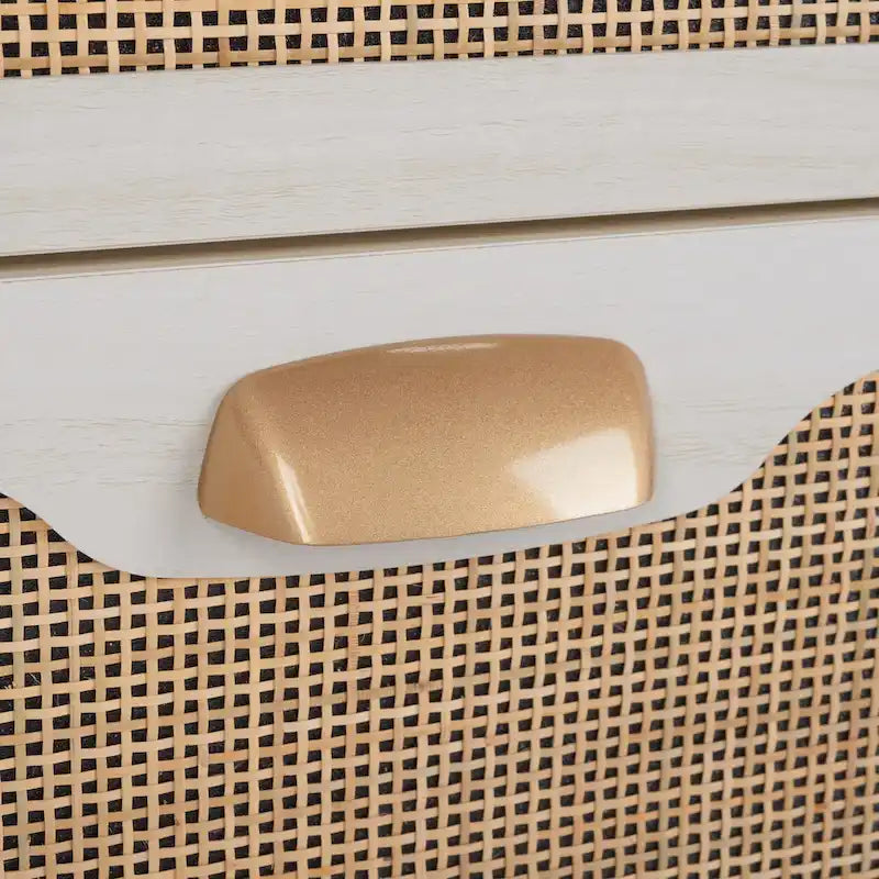 Commode à 3 tiroirs avec panneaux en rotin tressé et poignées en métal - Meuble de rangement pour chambre à coucher en placage texturé