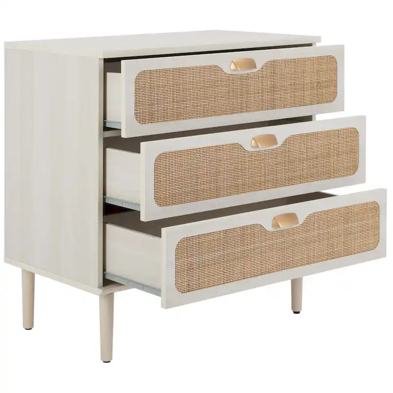 Commode à 3 tiroirs avec panneaux en rotin tressé et poignées en métal - Meuble de rangement pour chambre à coucher en placage texturé