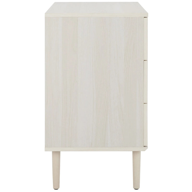 Commode à 3 tiroirs avec panneaux en rotin tressé et poignées en métal - Meuble de rangement pour chambre à coucher en placage texturé