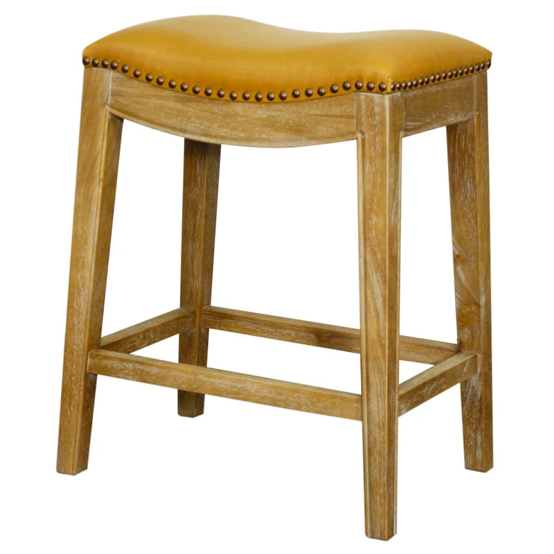 Tabouret de bar en cuir reconstitué - Hauteur d'assise : 61 cm, structure en bois d'hévéa massif, assise profilée en bois, finition fumée vieillie, style contemporain