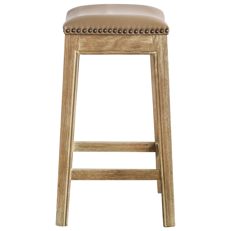 Tabouret de bar en cuir reconstitué - Hauteur d'assise : 61 cm, structure en bois d'hévéa massif, assise profilée en bois, finition fumée vieillie, style contemporain