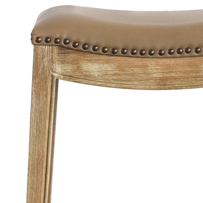 Tabouret de bar en cuir reconstitué - Hauteur d'assise : 61 cm, structure en bois d'hévéa massif, assise profilée en bois, finition fumée vieillie, style contemporain