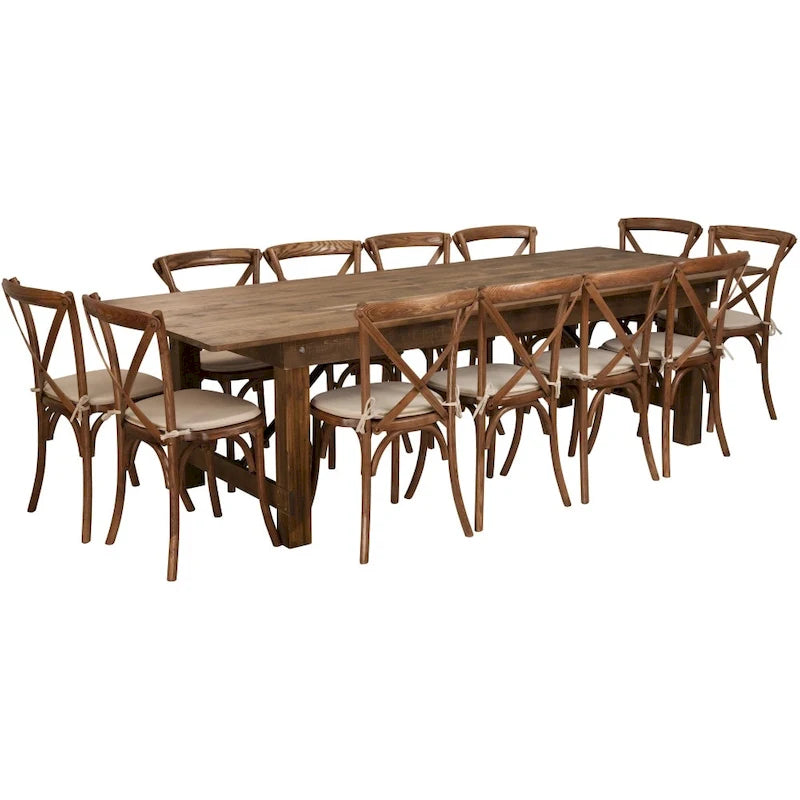 Ensemble table de ferme pliante 2,74 m x 1,02 m (9 pi x 40 po) - 12 chaises à dossier croisé, pin massif, capacité de 181 kg (400 lb), coussins, usage commercial/résidentiel, style rustique