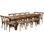 Ensemble table de ferme pliante 2,74 m x 1,02 m (9 pi x 40 po) - 12 chaises à dossier croisé, pin massif, capacité de 181 kg (400 lb), coussins, usage commercial/résidentiel, style rustique