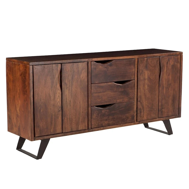 Buffet en bois d'acacia massif de 173 cm (68 po) - Finition noyer, 3 tiroirs, 2 placards, pieds en fer noir, style moderne du milieu du siècle, préassemblé
