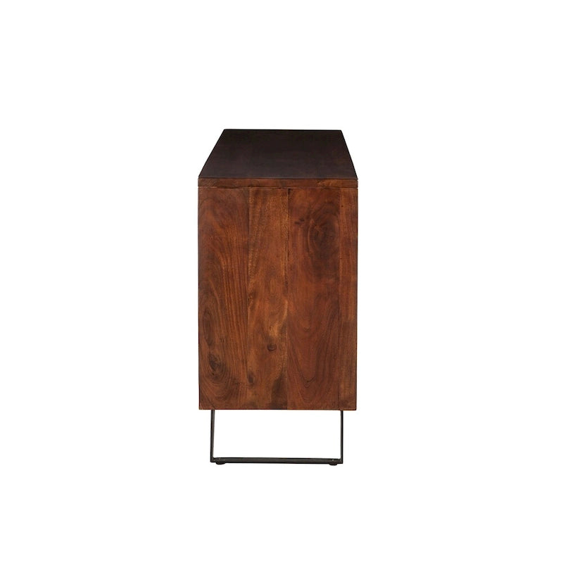 Buffet en bois d'acacia massif de 173 cm (68 po) - Finition noyer, 3 tiroirs, 2 placards, pieds en fer noir, style moderne du milieu du siècle, préassemblé