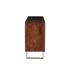 Buffet en bois d'acacia massif de 173 cm (68 po) - Finition noyer, 3 tiroirs, 2 placards, pieds en fer noir, style moderne du milieu du siècle, préassemblé