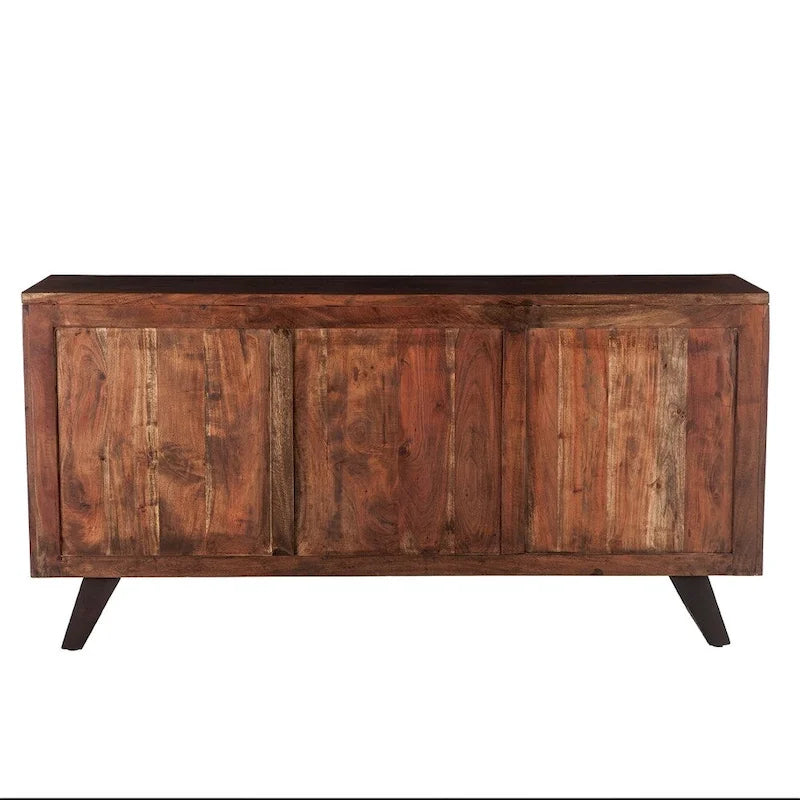 Buffet en bois d'acacia massif de 173 cm (68 po) - Finition noyer, 3 tiroirs, 2 placards, pieds en fer noir, style moderne du milieu du siècle, préassemblé