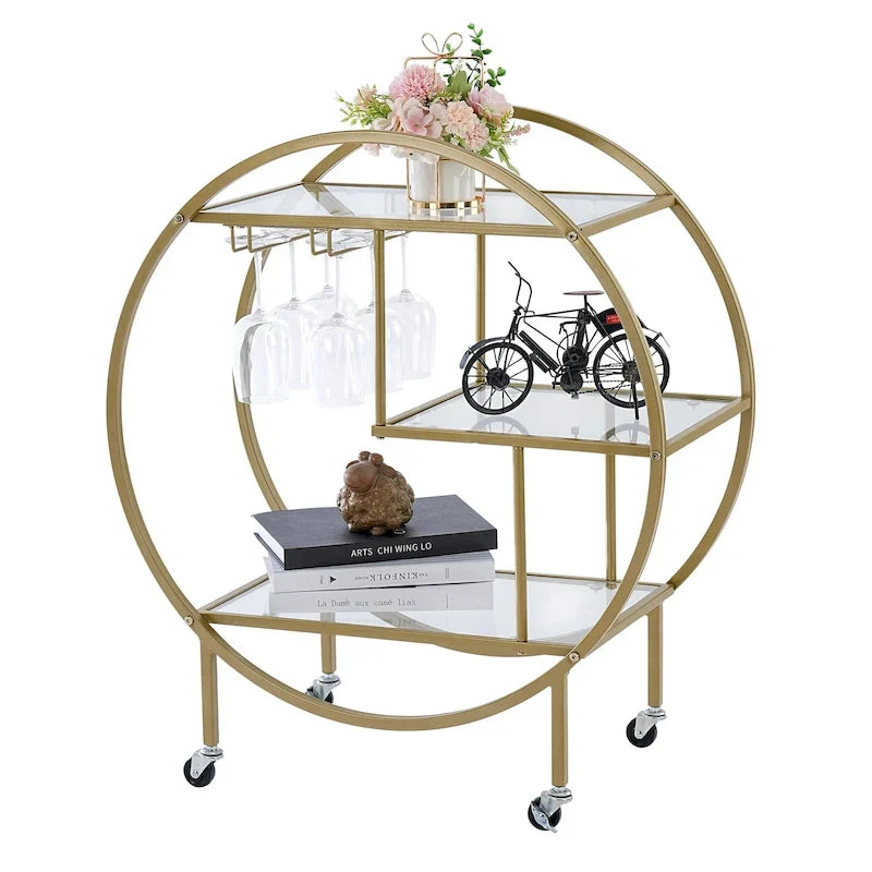 Chariot de bar roulant à 3 niveaux - 93 cm de hauteur, structure en métal doré, étagères en verre trempé, chariot à boissons mobile, style minimaliste moderne, 13,6 kg par étagère