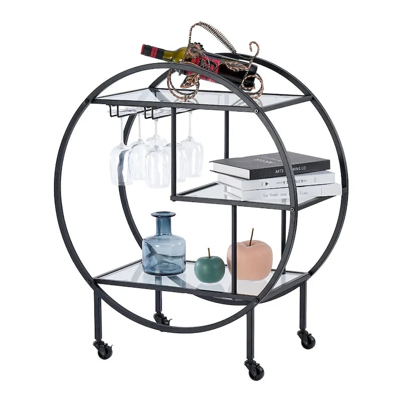 Chariot de bar roulant à 3 niveaux - 93 cm de hauteur, structure en métal doré, étagères en verre trempé, chariot à boissons mobile, style minimaliste moderne, 13,6 kg par étagère