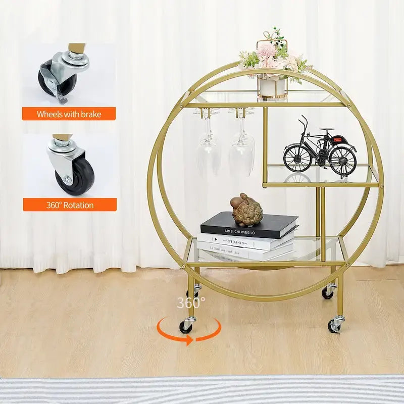 Chariot de bar roulant à 3 niveaux - 93 cm de hauteur, structure en métal doré, étagères en verre trempé, chariot à boissons mobile, style minimaliste moderne, 13,6 kg par étagère