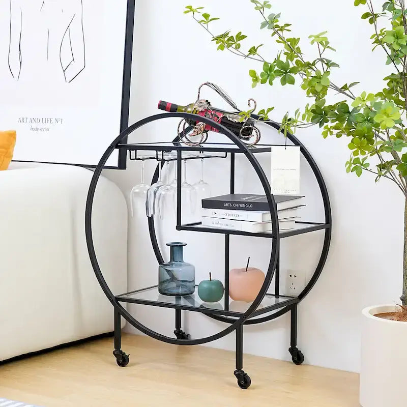 Chariot de bar roulant à 3 niveaux - 93 cm de hauteur, structure en métal doré, étagères en verre trempé, chariot à boissons mobile, style minimaliste moderne, 13,6 kg par étagère