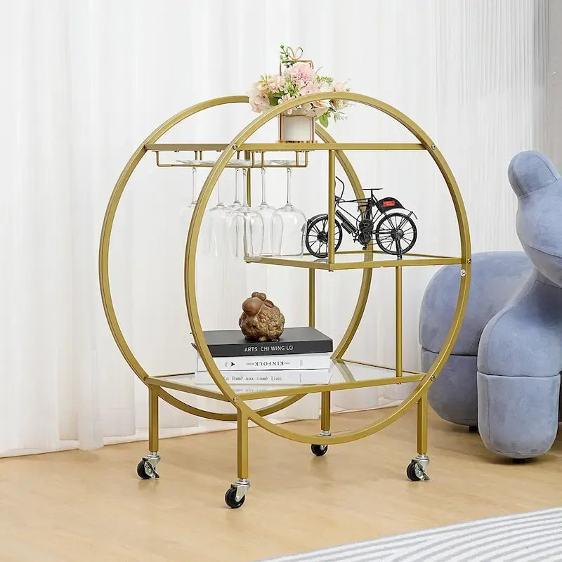 Chariot de bar roulant à 3 niveaux - 93 cm de hauteur, structure en métal doré, étagères en verre trempé, chariot à boissons mobile, style minimaliste moderne, 13,6 kg par étagère