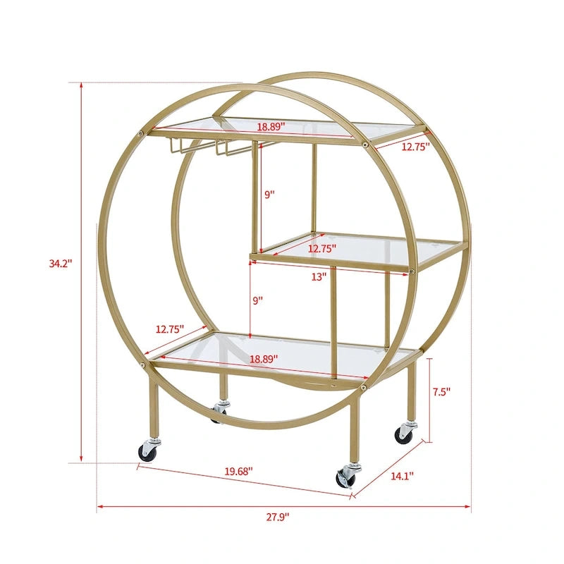 Chariot de bar roulant à 3 niveaux - 93 cm de hauteur, structure en métal doré, étagères en verre trempé, chariot à boissons mobile, style minimaliste moderne, 13,6 kg par étagère