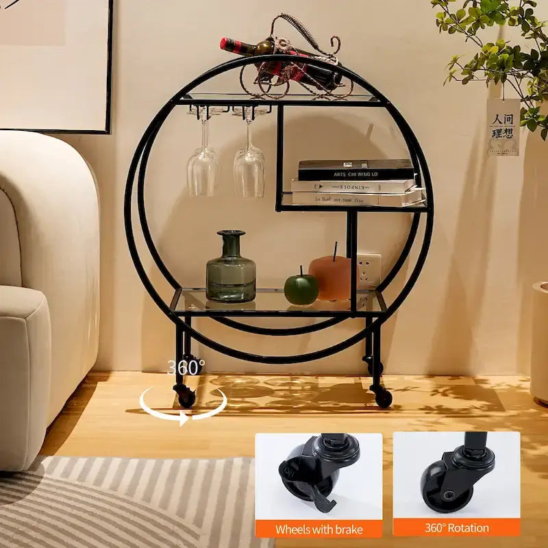 Chariot de bar roulant à 3 niveaux - 93 cm de hauteur, structure en métal doré, étagères en verre trempé, chariot à boissons mobile, style minimaliste moderne, 13,6 kg par étagère