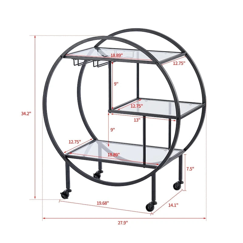 Chariot de bar roulant à 3 niveaux - 93 cm de hauteur, structure en métal doré, étagères en verre trempé, chariot à boissons mobile, style minimaliste moderne, 13,6 kg par étagère