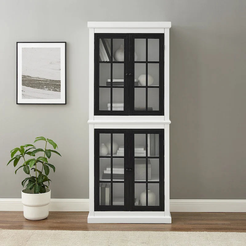 Armoire de rangement haute - Blanche avec portes à carreaux noirs, 2 étagères réglables - Style campagne française, empilable