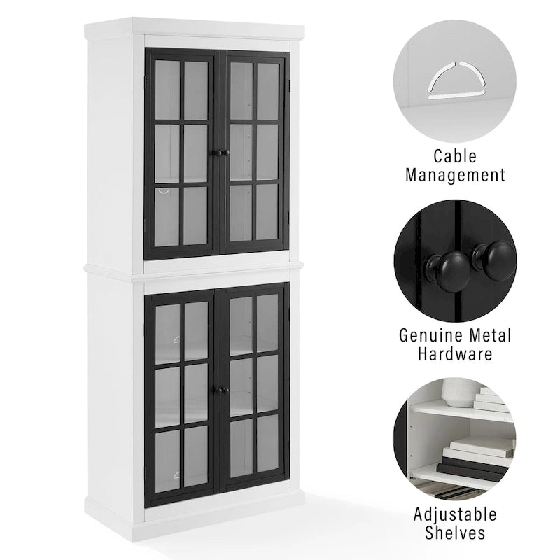 Armoire de rangement haute - Blanche avec portes à carreaux noirs, 2 étagères réglables - Style campagne française, empilable