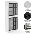 Armoire de rangement haute - Blanche avec portes à carreaux noirs, 2 étagères réglables - Style campagne française, empilable