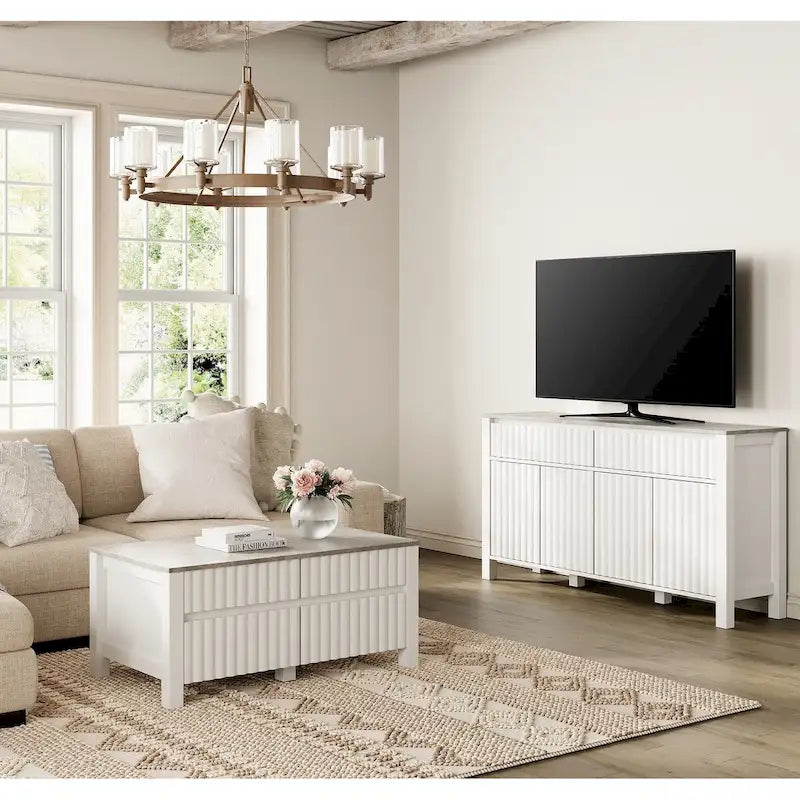 Ensemble de salon 2 pièces - Meuble TV et table basse, plateau motif pierre grise, blanc - 2 tiroirs, 4 portes, capacité de charge de 75 kg