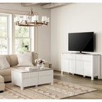 Ensemble de salon 2 pièces - Meuble TV et table basse, plateau motif pierre grise, blanc - 2 tiroirs, 4 portes, capacité de charge de 75 kg