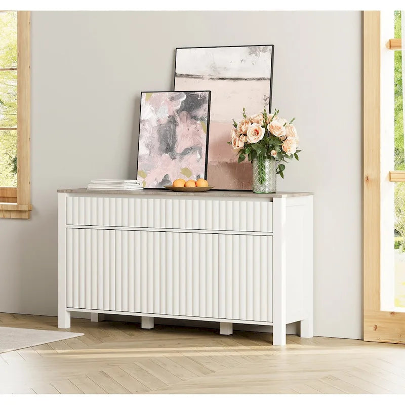 Ensemble de salon 2 pièces - Meuble TV et table basse, plateau motif pierre grise, blanc - 2 tiroirs, 4 portes, capacité de charge de 75 kg