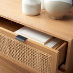 Commode en rotin à 3 tiroirs - 91 cm L x 91 cm H, style moderne du milieu du siècle, style bord de mer, design asymétrique, pieds évasés, grand espace de rangement