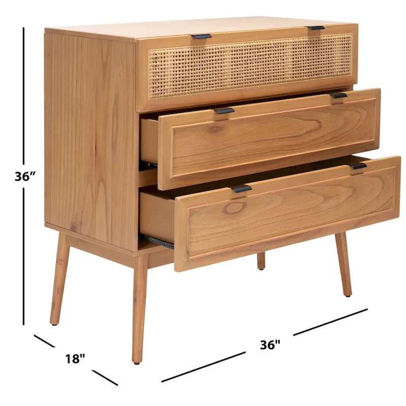 Commode en rotin à 3 tiroirs - 91 cm L x 91 cm H, style moderne du milieu du siècle, style bord de mer, design asymétrique, pieds évasés, grand espace de rangement